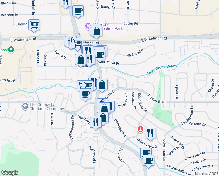 map of restaurants, bars, coffee shops, grocery stores, and more near 6609 Dublin Place in Colorado Springs