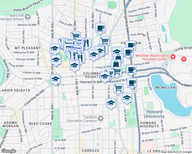 map of restaurants, bars, coffee shops, grocery stores, and more near 101 Independence Avenue Southeast in Washington