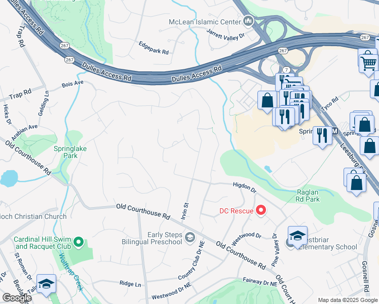 map of restaurants, bars, coffee shops, grocery stores, and more near 1610 Ashgrove Meadows Way in Vienna