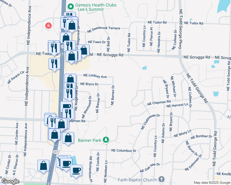 map of restaurants, bars, coffee shops, grocery stores, and more near 1137 Northeast Bryco Drive in Lee's Summit
