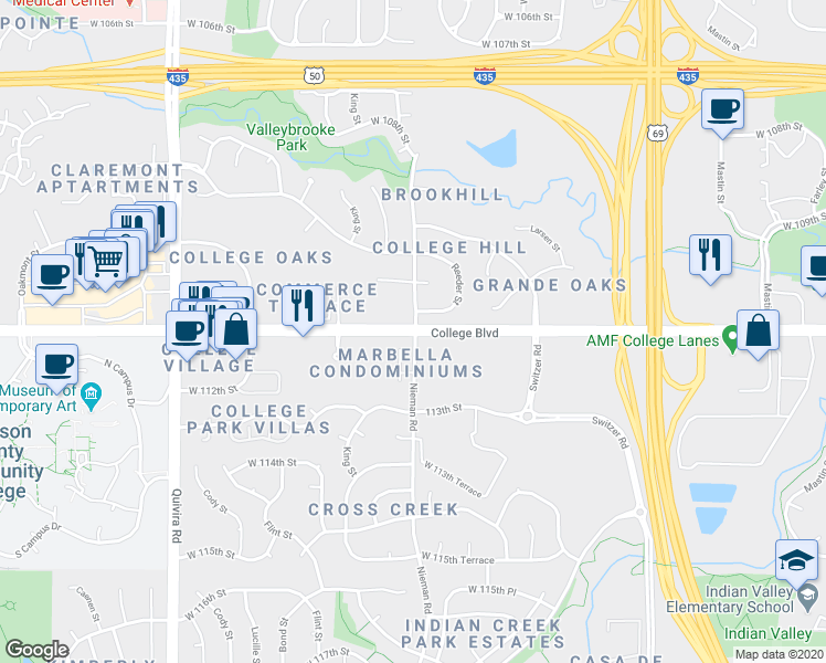 map of restaurants, bars, coffee shops, grocery stores, and more near 11100 College Boulevard in Overland Park