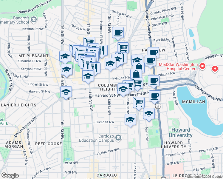 map of restaurants, bars, coffee shops, grocery stores, and more near 101 Independence Avenue Southeast in Washington