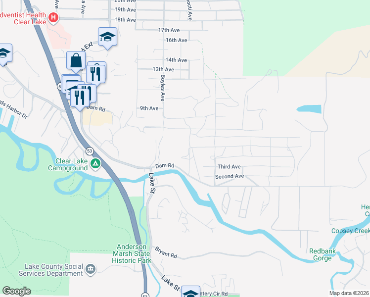map of restaurants, bars, coffee shops, grocery stores, and more near 16240 Dam Road in Clearlake