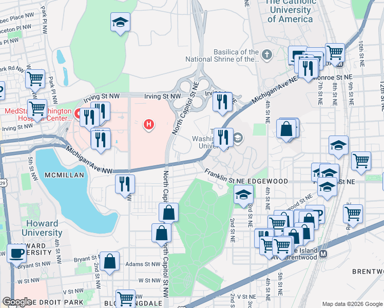 map of restaurants, bars, coffee shops, grocery stores, and more near 101 Independence Avenue Southeast in Washington