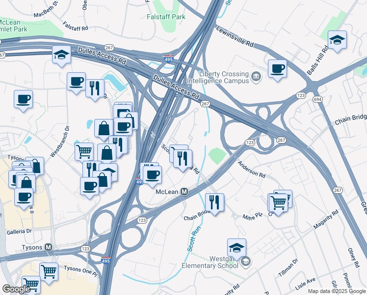 map of restaurants, bars, coffee shops, grocery stores, and more near 1600 Spring Gate Drive in McLean