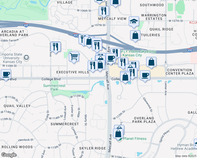 map of restaurants, bars, coffee shops, grocery stores, and more near 7219 College Boulevard in Overland Park