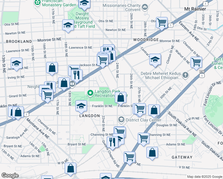 map of restaurants, bars, coffee shops, grocery stores, and more near 2903 Mills Avenue Northeast in Washington