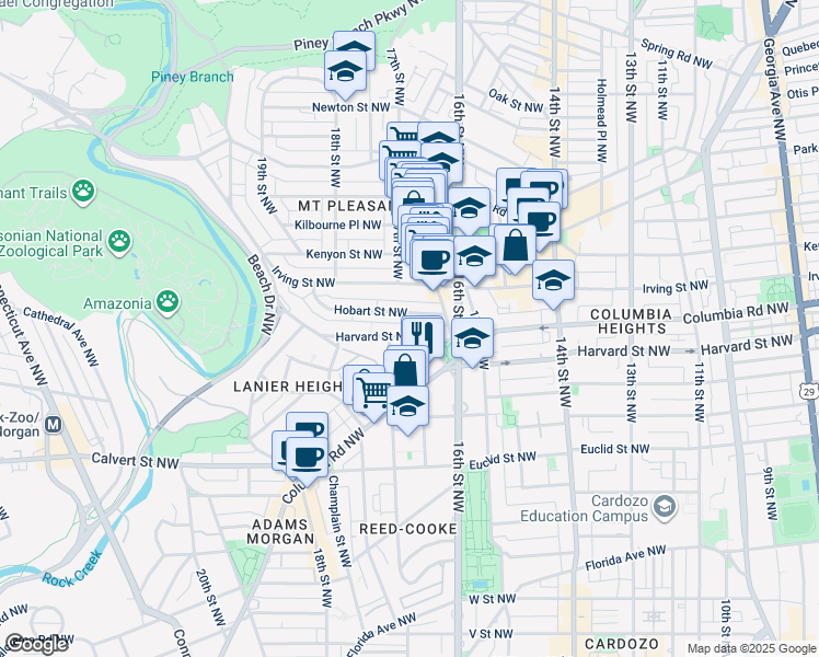 map of restaurants, bars, coffee shops, grocery stores, and more near 1639 Harvard Street Northwest in Washington