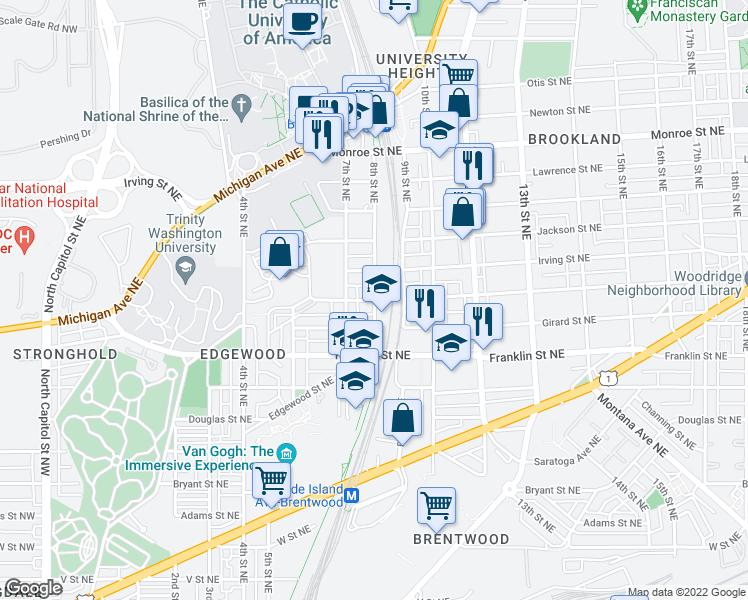 map of restaurants, bars, coffee shops, grocery stores, and more near Hamlin Street Northeast & 8th Street Northeast in Washington