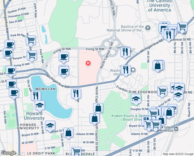 map of restaurants, bars, coffee shops, grocery stores, and more near North Capitol Street Northwest in Washington