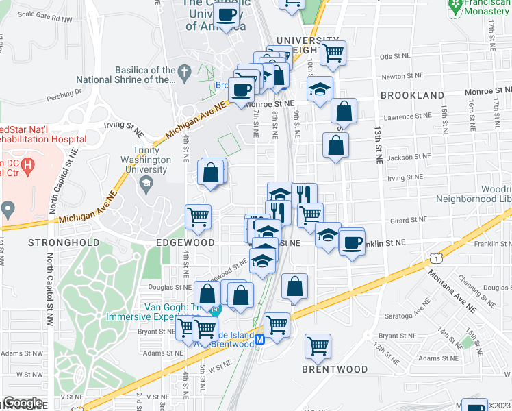map of restaurants, bars, coffee shops, grocery stores, and more near Hamlin St NE & 7th St NE in Washington