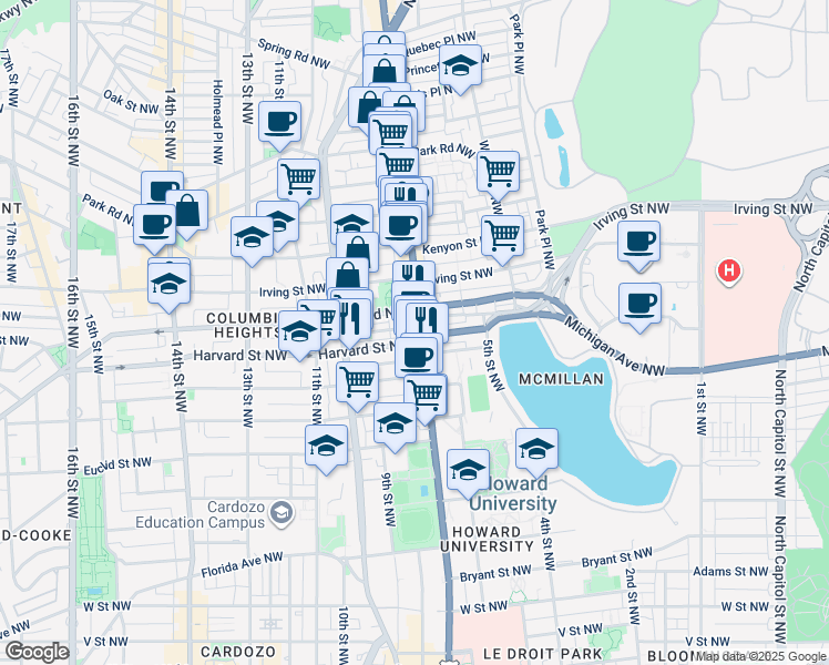 map of restaurants, bars, coffee shops, grocery stores, and more near 2910 Georgia Avenue Northwest in Washington
