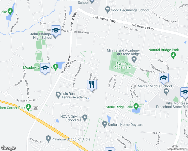 map of restaurants, bars, coffee shops, grocery stores, and more near 24911 Coats Square in Aldie