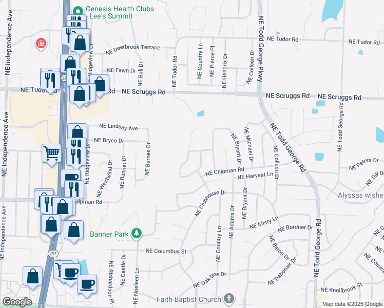 map of restaurants, bars, coffee shops, grocery stores, and more near 904 Northeast Emily Lane in Lee's Summit
