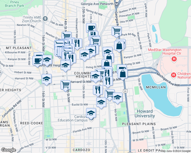 map of restaurants, bars, coffee shops, grocery stores, and more near 1110 Columbia Road Northwest in Washington