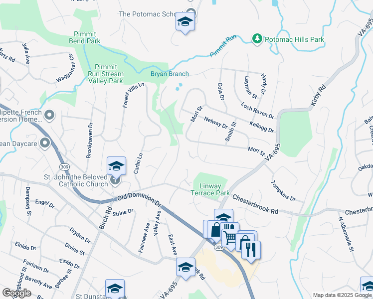 map of restaurants, bars, coffee shops, grocery stores, and more near 6306 Walden Woods Court in McLean