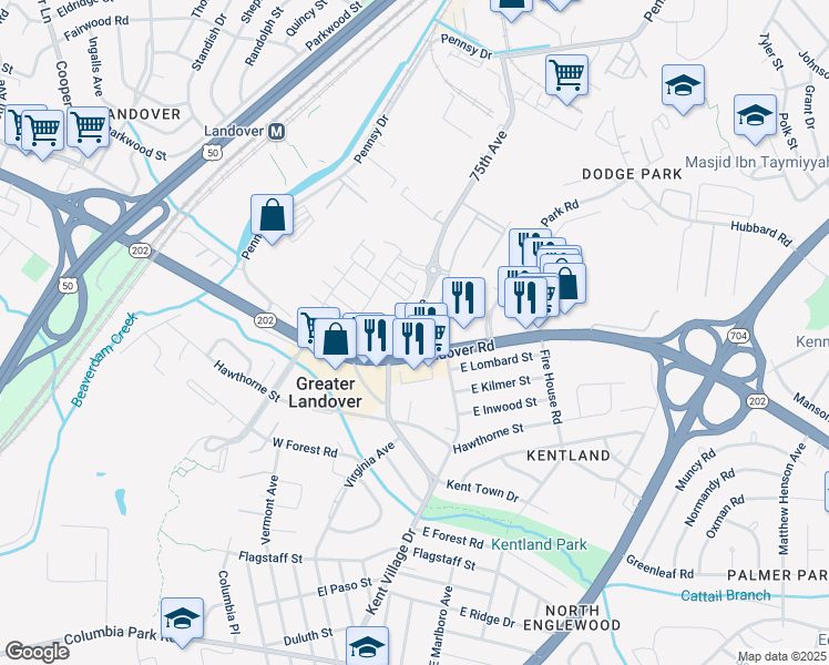 map of restaurants, bars, coffee shops, grocery stores, and more near 3101 75th Avenue in Hyattsville