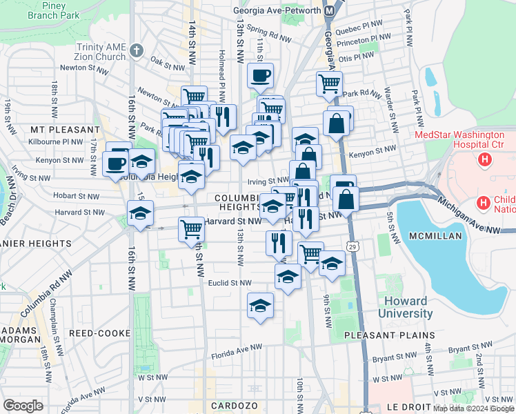 map of restaurants, bars, coffee shops, grocery stores, and more near 101 Independence Avenue Southeast in Washington