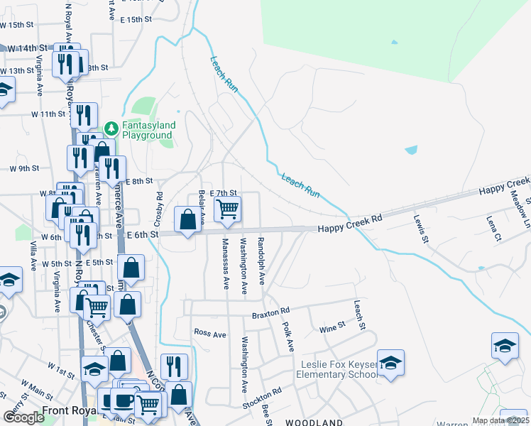 map of restaurants, bars, coffee shops, grocery stores, and more near 613 Randolph Avenue in Front Royal