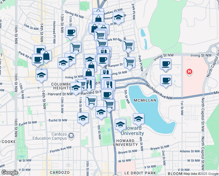 map of restaurants, bars, coffee shops, grocery stores, and more near 2905 Georgia Avenue Northwest in Washington
