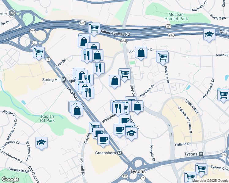 map of restaurants, bars, coffee shops, grocery stores, and more near 8360 Greensboro Drive in McLean