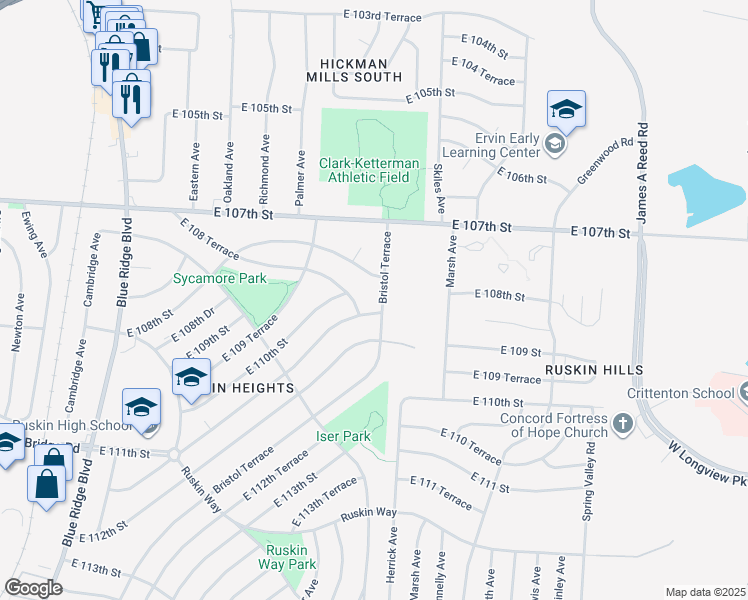 map of restaurants, bars, coffee shops, grocery stores, and more near 7907 East 108th Street in Kansas City