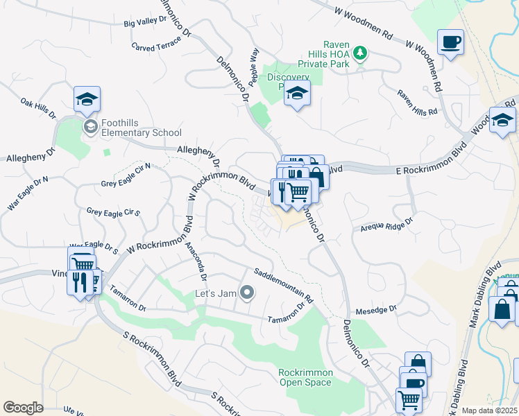 map of restaurants, bars, coffee shops, grocery stores, and more near 6526 Foxdale Circle in Colorado Springs