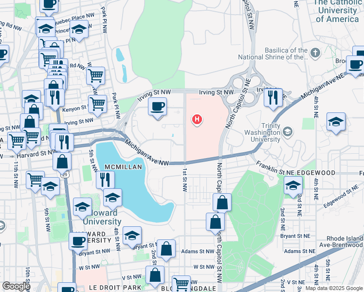 map of restaurants, bars, coffee shops, grocery stores, and more near in Washington