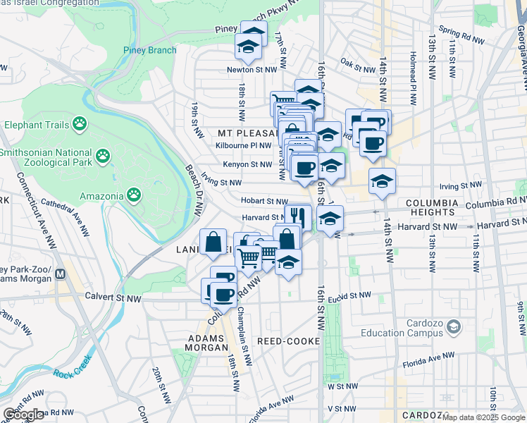 map of restaurants, bars, coffee shops, grocery stores, and more near 1701 Harvard Street Northwest in Washington