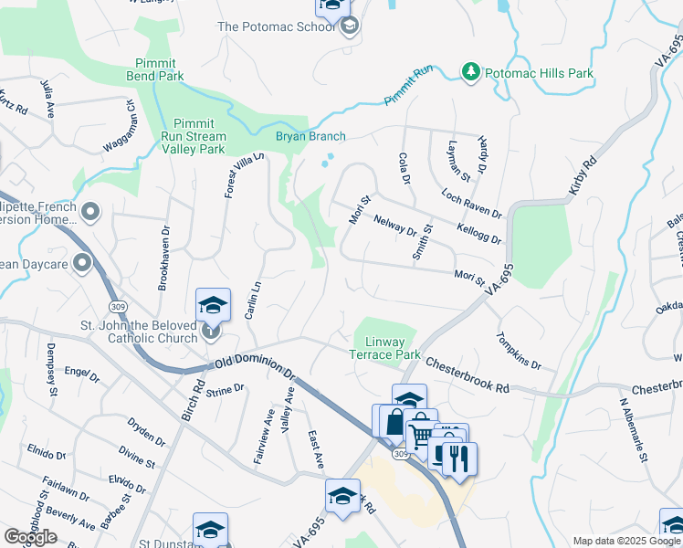 map of restaurants, bars, coffee shops, grocery stores, and more near 6306 Walden Woods Court in McLean