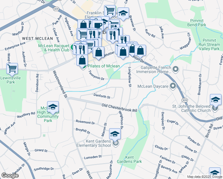 map of restaurants, bars, coffee shops, grocery stores, and more near 6713 Weaver Avenue in McLean
