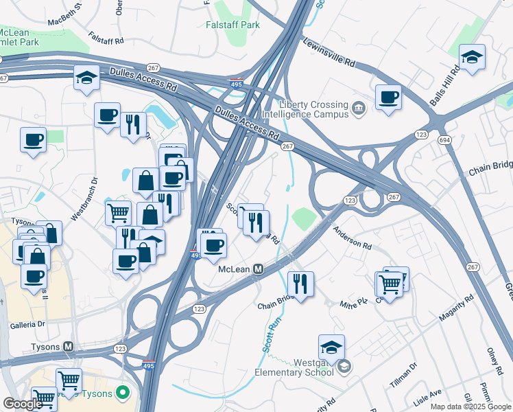map of restaurants, bars, coffee shops, grocery stores, and more near 1600 Spring Gate Drive in McLean