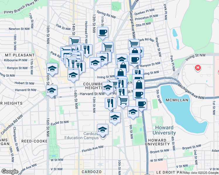 map of restaurants, bars, coffee shops, grocery stores, and more near 1106 Columbia Road Northwest in Washington