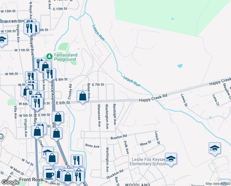 map of restaurants, bars, coffee shops, grocery stores, and more near 613 Randolph Avenue in Front Royal