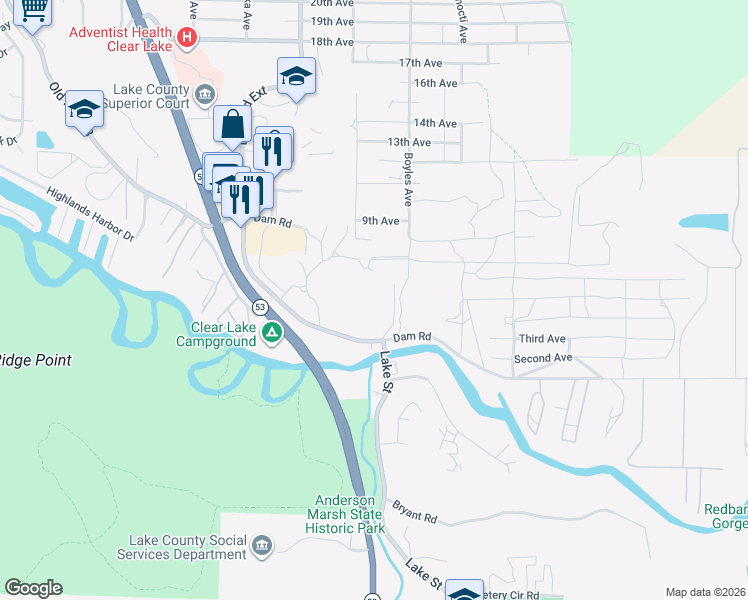 map of restaurants, bars, coffee shops, grocery stores, and more near 16080 Dam Road in Clearlake