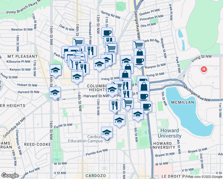 map of restaurants, bars, coffee shops, grocery stores, and more near 1110 Columbia Road Northwest in Washington