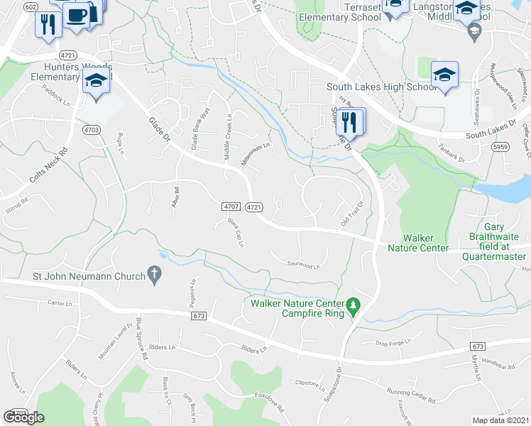 map of restaurants, bars, coffee shops, grocery stores, and more near 2396 Generation Drive in Reston