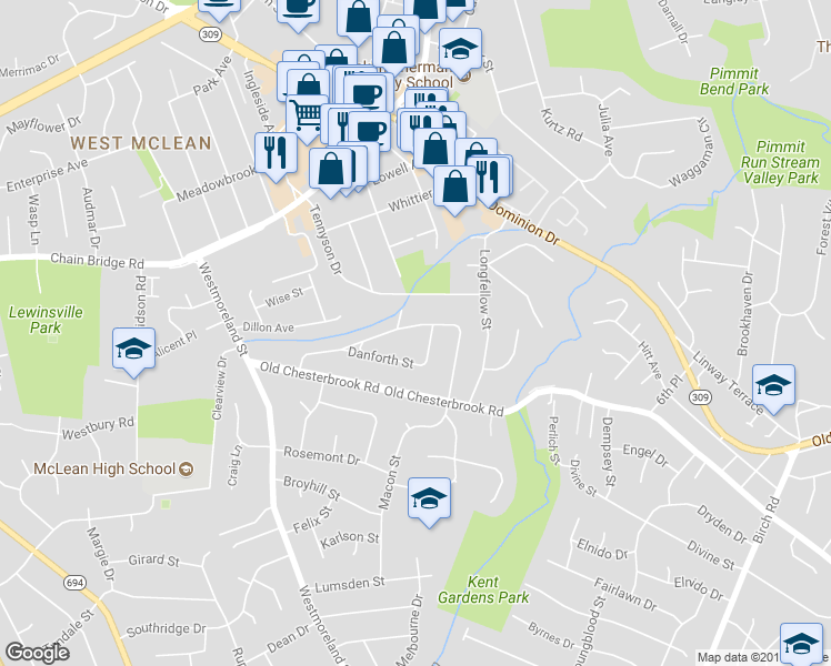 map of restaurants, bars, coffee shops, grocery stores, and more near 6713 Weaver Avenue in McLean