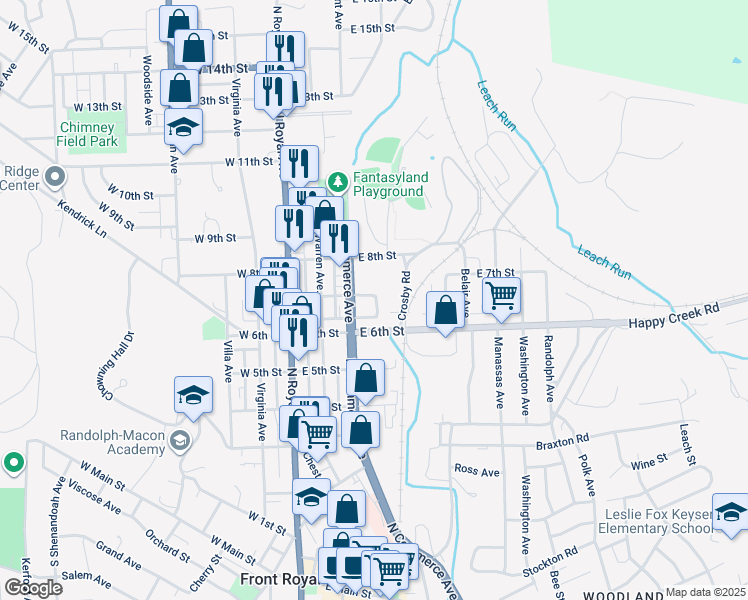map of restaurants, bars, coffee shops, grocery stores, and more near 219 East 7th Street in Front Royal