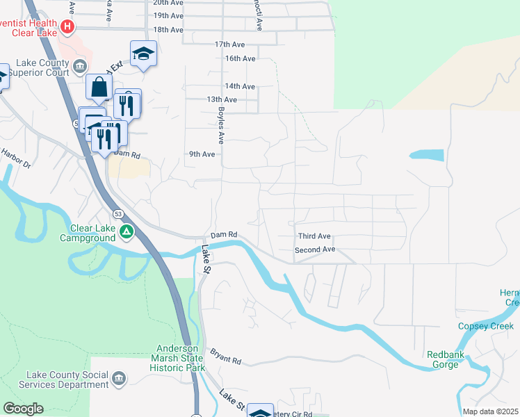 map of restaurants, bars, coffee shops, grocery stores, and more near 14155 5th Avenue in Clearlake