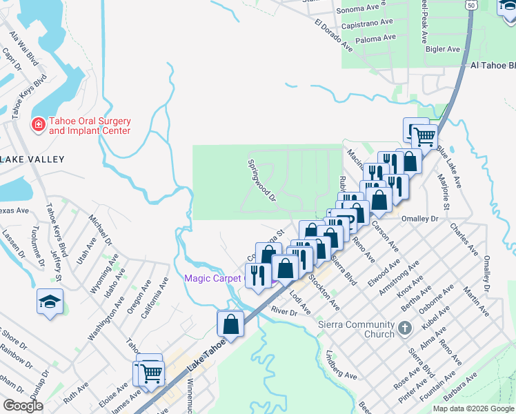 map of restaurants, bars, coffee shops, grocery stores, and more near 963 Silverwood Circle in South Lake Tahoe