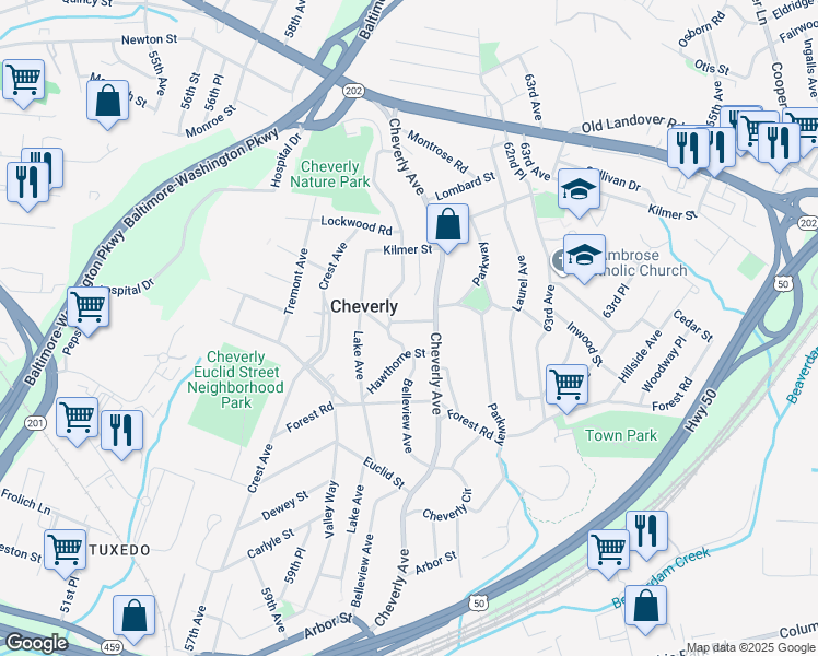 map of restaurants, bars, coffee shops, grocery stores, and more near 6017 Inwood Street in Cheverly