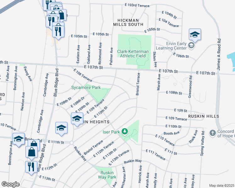 map of restaurants, bars, coffee shops, grocery stores, and more near 7710 East 110th Street in Kansas City