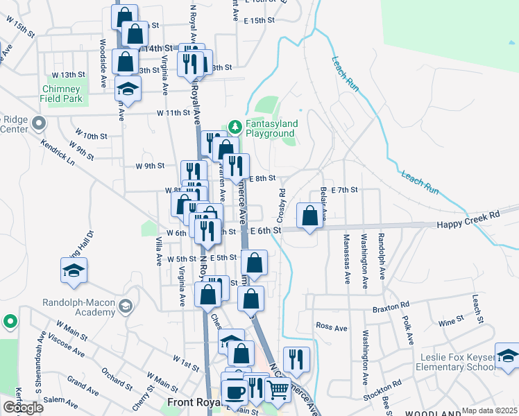 map of restaurants, bars, coffee shops, grocery stores, and more near 219 East 7th Street in Front Royal