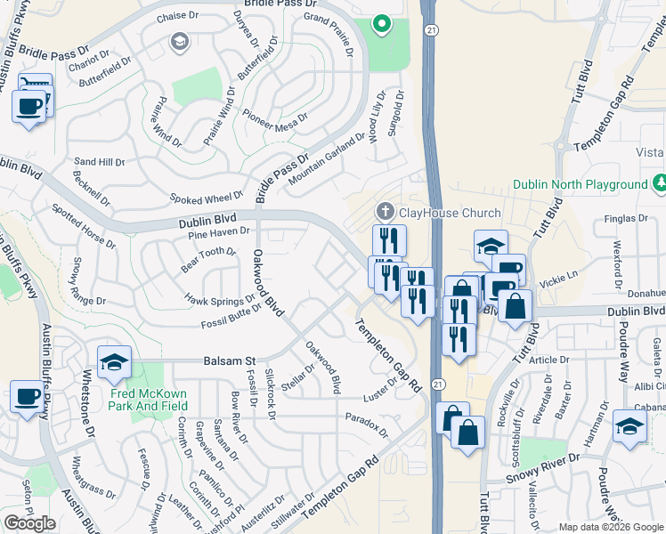 map of restaurants, bars, coffee shops, grocery stores, and more near 6539 Pennywhistle Point in Colorado Springs