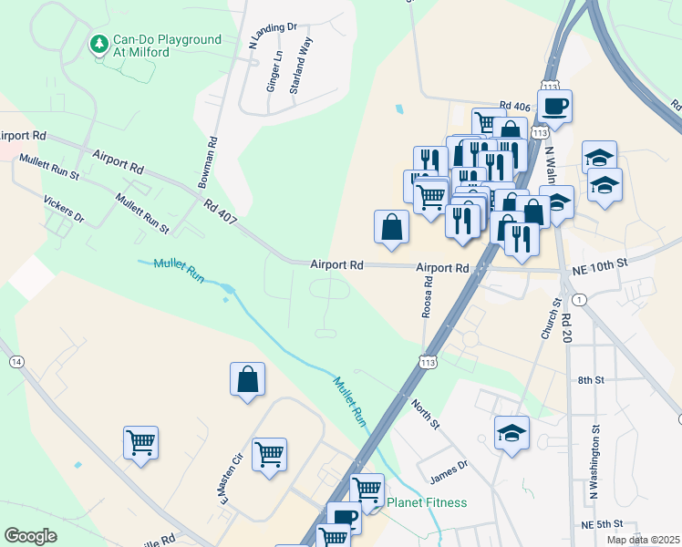 map of restaurants, bars, coffee shops, grocery stores, and more near 806 Moyer Circle East in Milford