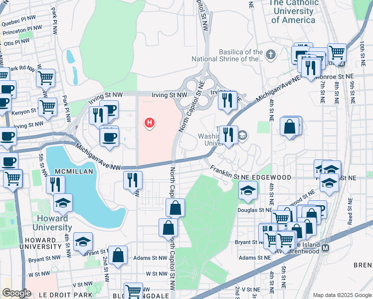 map of restaurants, bars, coffee shops, grocery stores, and more near 101 Independence Avenue Southeast in Washington