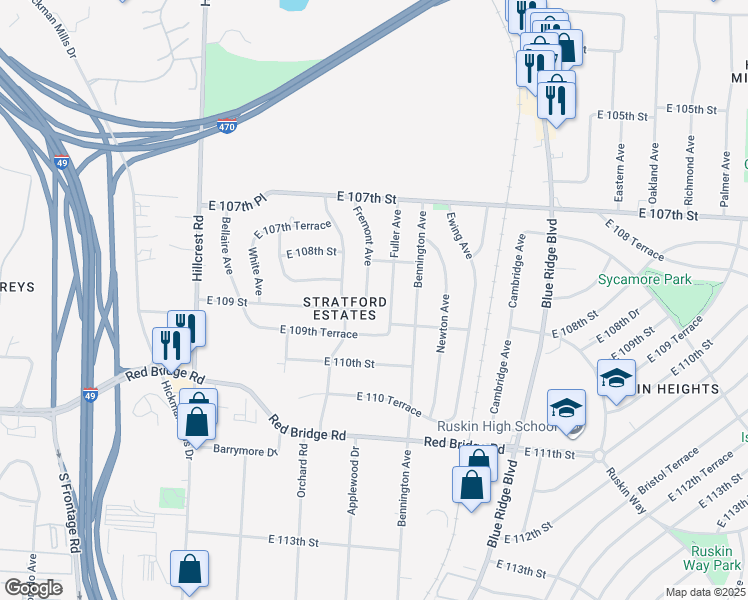 map of restaurants, bars, coffee shops, grocery stores, and more near 10812 Fuller Avenue in Kansas City