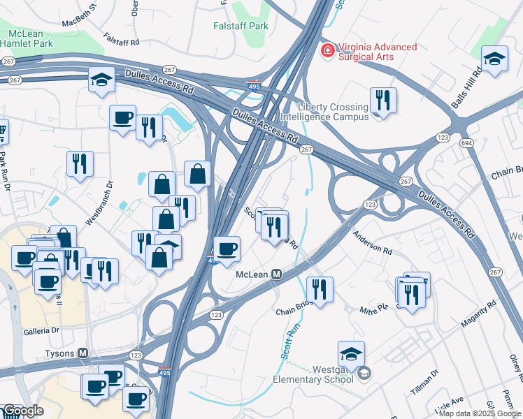 map of restaurants, bars, coffee shops, grocery stores, and more near 1521 Spring Gate Drive in McLean