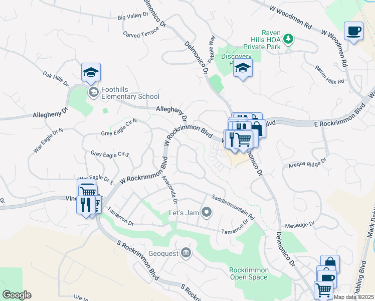 map of restaurants, bars, coffee shops, grocery stores, and more near 445 Silver Spring Circle in Colorado Springs